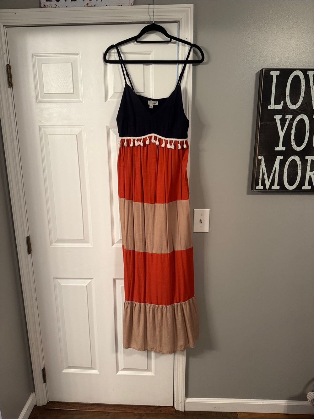 Navy, Orange & Beige Tiered Maxi Dress with Tassel Trim